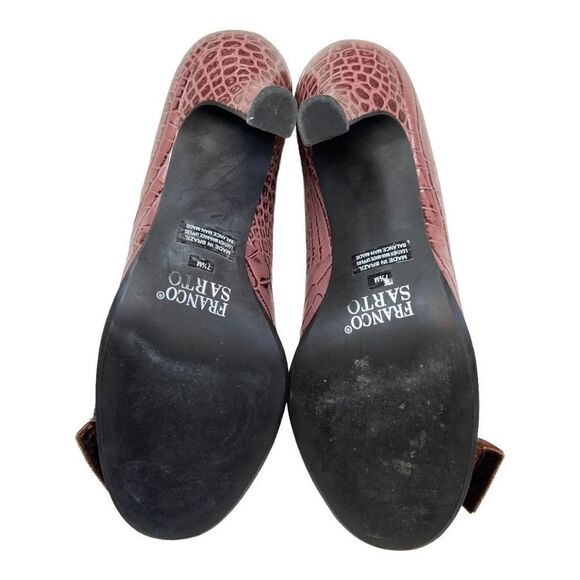 Franco Sarto Heels Vintage 90's Brown Croc Print Leather Pump 7.5 Velvet Bow - Picture 8 of 10